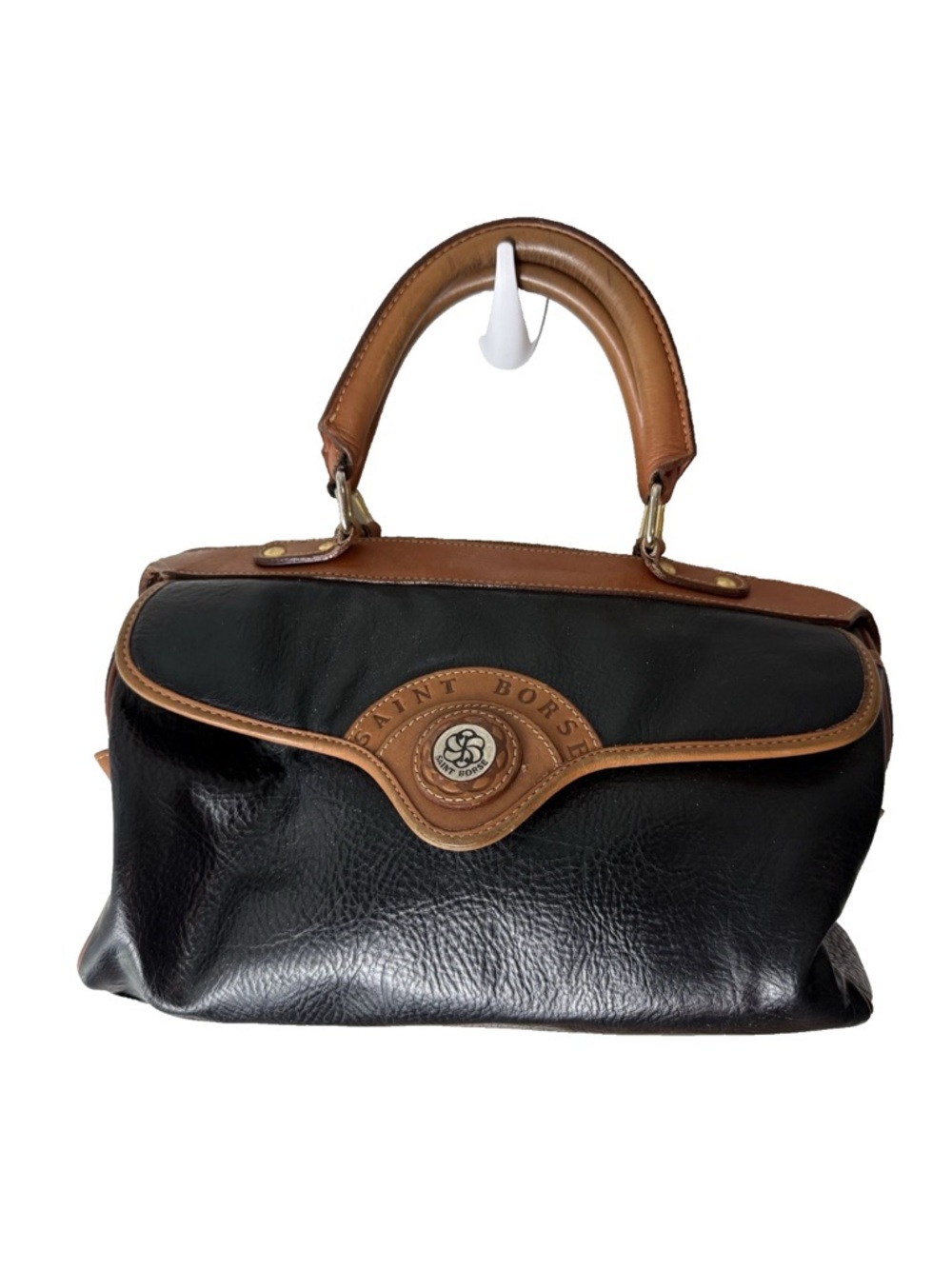 Saint Borse Vintage Satchel Purse Bag Pebbled Faux Leather Black Brown Lined